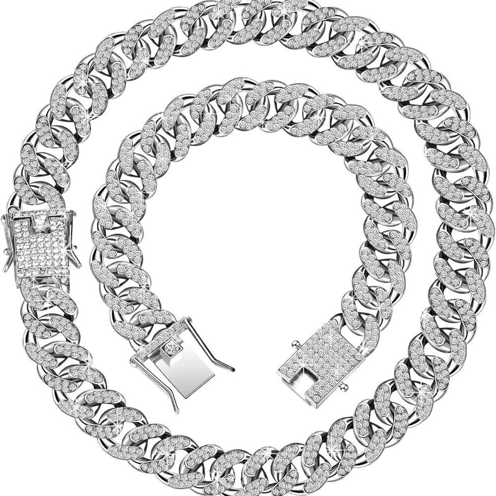 2 Pieces Cuban Link Chain for Women Cuban Necklace Bracelet Heavy Strong Link Ch